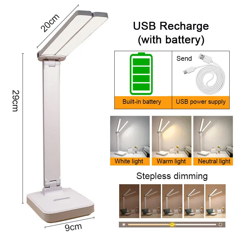 Lampe de bureau LED rechargeable par USB, 3 niveaux d'intensité, tactile, protection des yeux, pliable, idéale pour la chambre à coucher