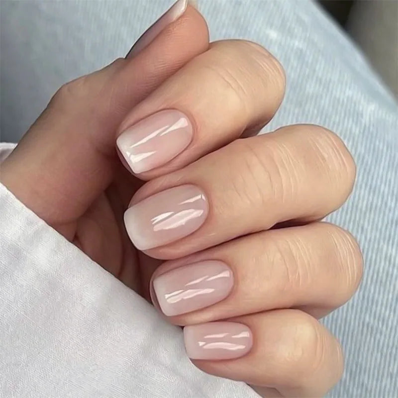 24 Uds uñas postizas de degradado blanco, cortas, cuadradas, bailarina, sencillas, de presión, usables, de color nude, puntas de manicura de cubierta completa