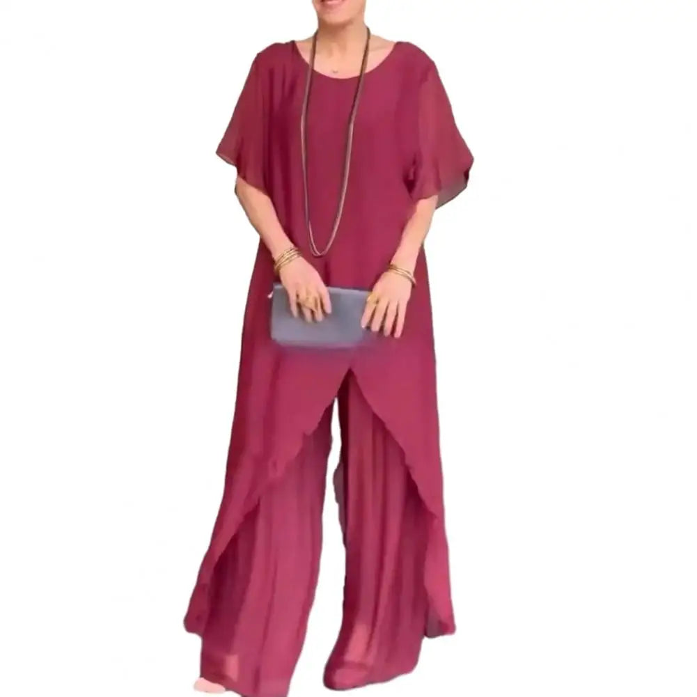 Women Two Piece Sets Pant Set Irregularity Round Neck Full Sleeve Tops Shirt Solid Splice Casual Loose Wide Leg Long Pants