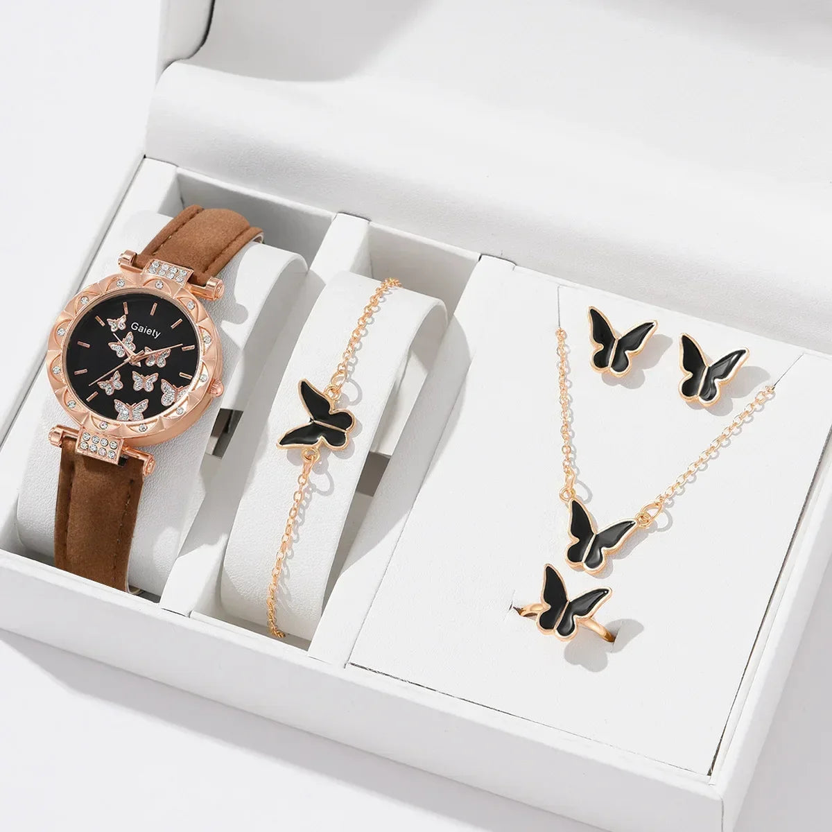 Conjunto de Reloj, Anillo, Collar, Pendientes y Pulsera para Mujer Relojes de Mariposa con Correa de Cuero reloj de señora relogios feminino reloj mujer
