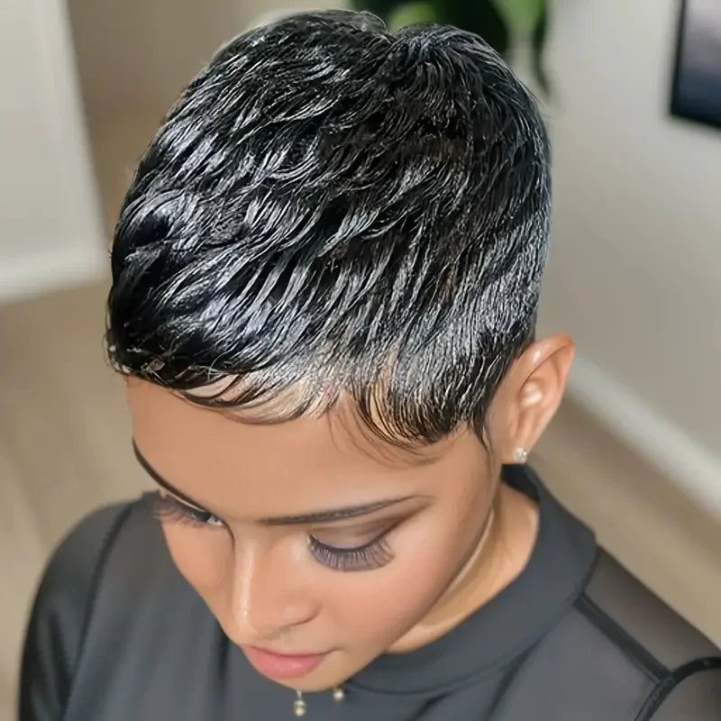 Corte pixie 99j color castaño 4 pulgadas 150 % densidad, pelucas de cabello humano liso y corto en capas hechas a máquina para mujer, uso diario, peluca Remy