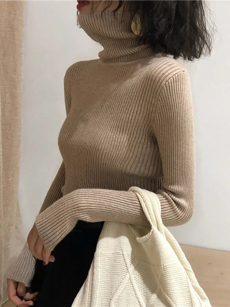 Jersey de cuello alto para mujer, blusa de otoño e invierno, jersey coreano ajustado para mujer, suéter de punto, jersey para mujer, invierno