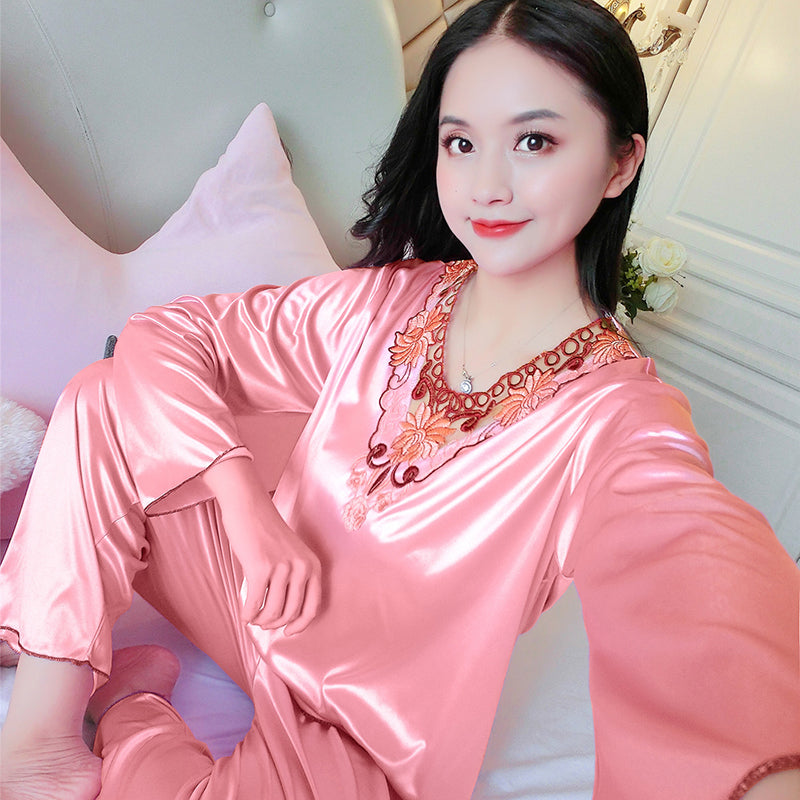 Women's Pajamas Set Summer Long Sleeve And Pants Pyjamas Two-piece Set Pajama Ice Silk Satin Sexy Sleepwear Home Suit Loungewear