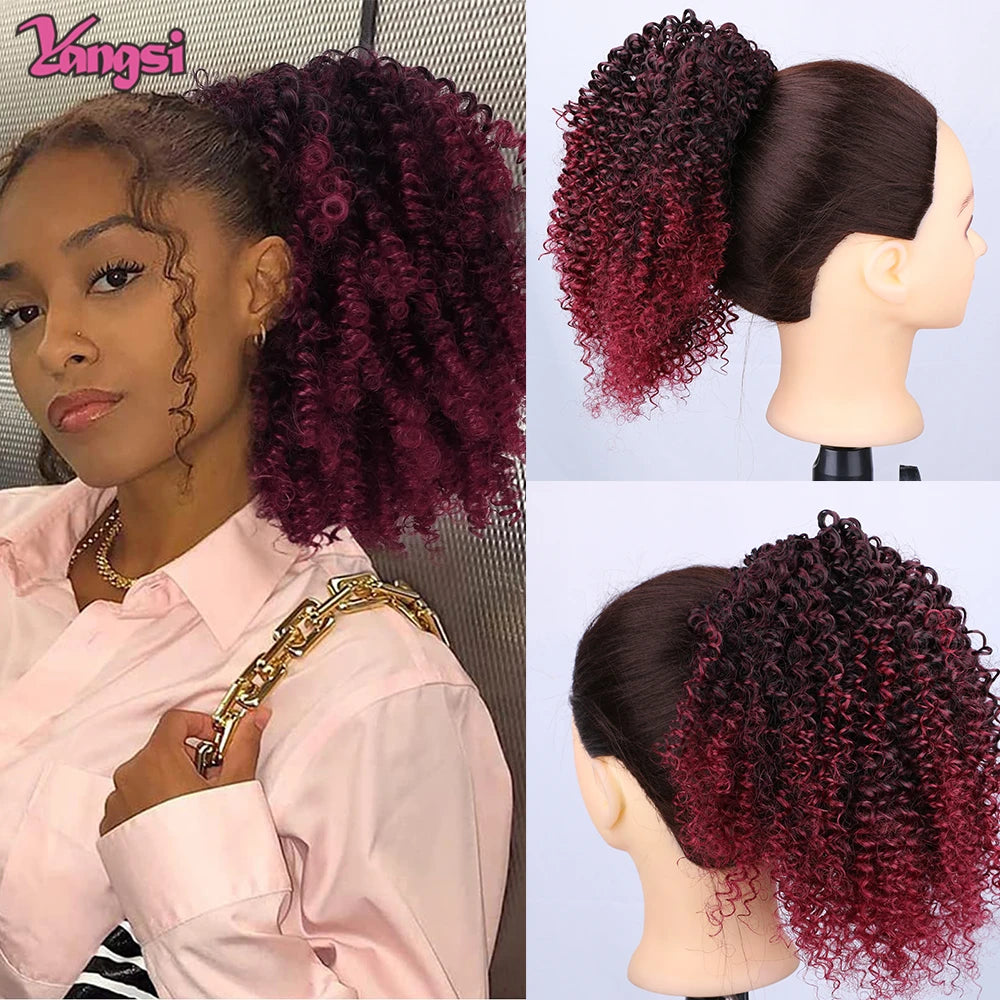 Afro Curly Ponytail for Black Women Drawstring Ponytail Kinky Synthetic hair Extension Ombre Bug Color Clip in For Party