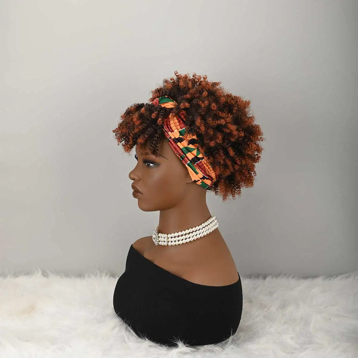 Headband Wig Curly Headband Wig With Bangs For Women Synthetic Afro Curly Hair Wig With Headband Attached Short Kinky Curly Afro High Puff With Bangs Stripes Short Red Curly Wigs with Bangs for Women, Natural Wavy Synthetic W