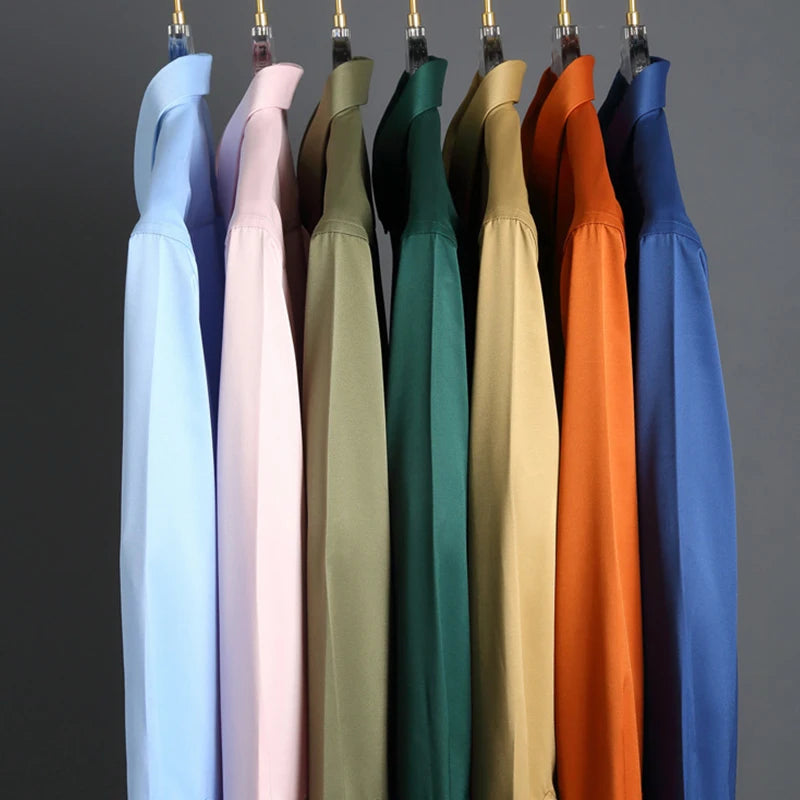 Camisa de manga larga de color liso para hombre, informal y a la moda, que no necesita planchado y es resistente a las arrugas, top de negocios