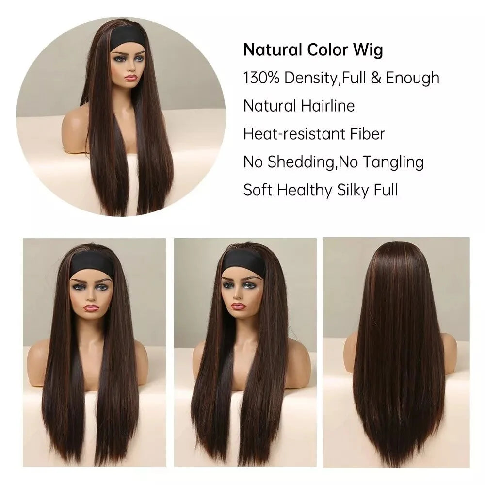 Long Synthetic Brown Blonde Highlight Wig With Headband, Heat Resistant Silky Straight Headband Wigs For Women In Daily