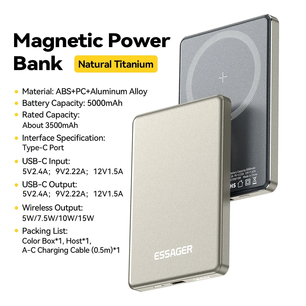 Essager tynn trådløs powerbank magnetisk 20W 5000mAh bærbar hurtiglading eksternt batteri for Magsafe for iPhone 16 15 14 13