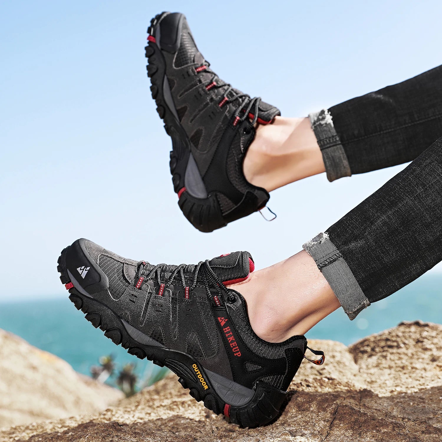 HIKEUP Zapatillas de senderismo para hombre de cuero de ante, calzado de exterior resistente al desgaste, zapatillas tácticas de trekking, senderismo y caza para hombre
