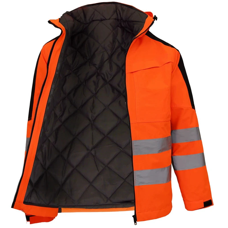 Trajes de trabajo de alta visibilidad amarillos para el invierno, conjunto de chaqueta impermeable de alta visibilidad 3 en 1 con forro y pantalones de trabajo para hombre