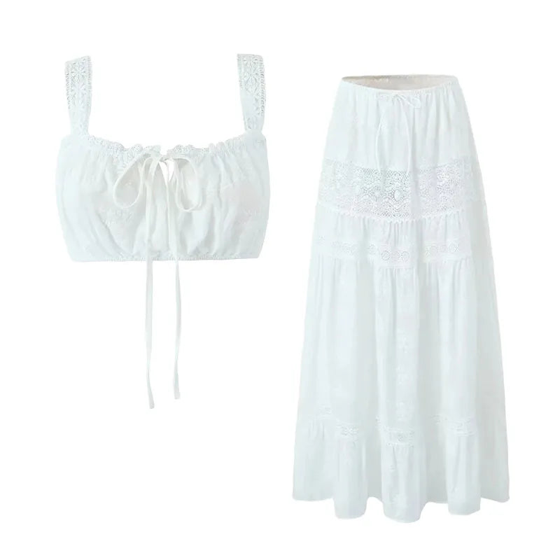 Conjunto de falda de encaje, vestido de verano para mujer, vacaciones en la playa, sexy, algodón, conjunto a juego, atuendos de primavera, blanco, 2 piezas, conjunto de vestidos de mujer 2025