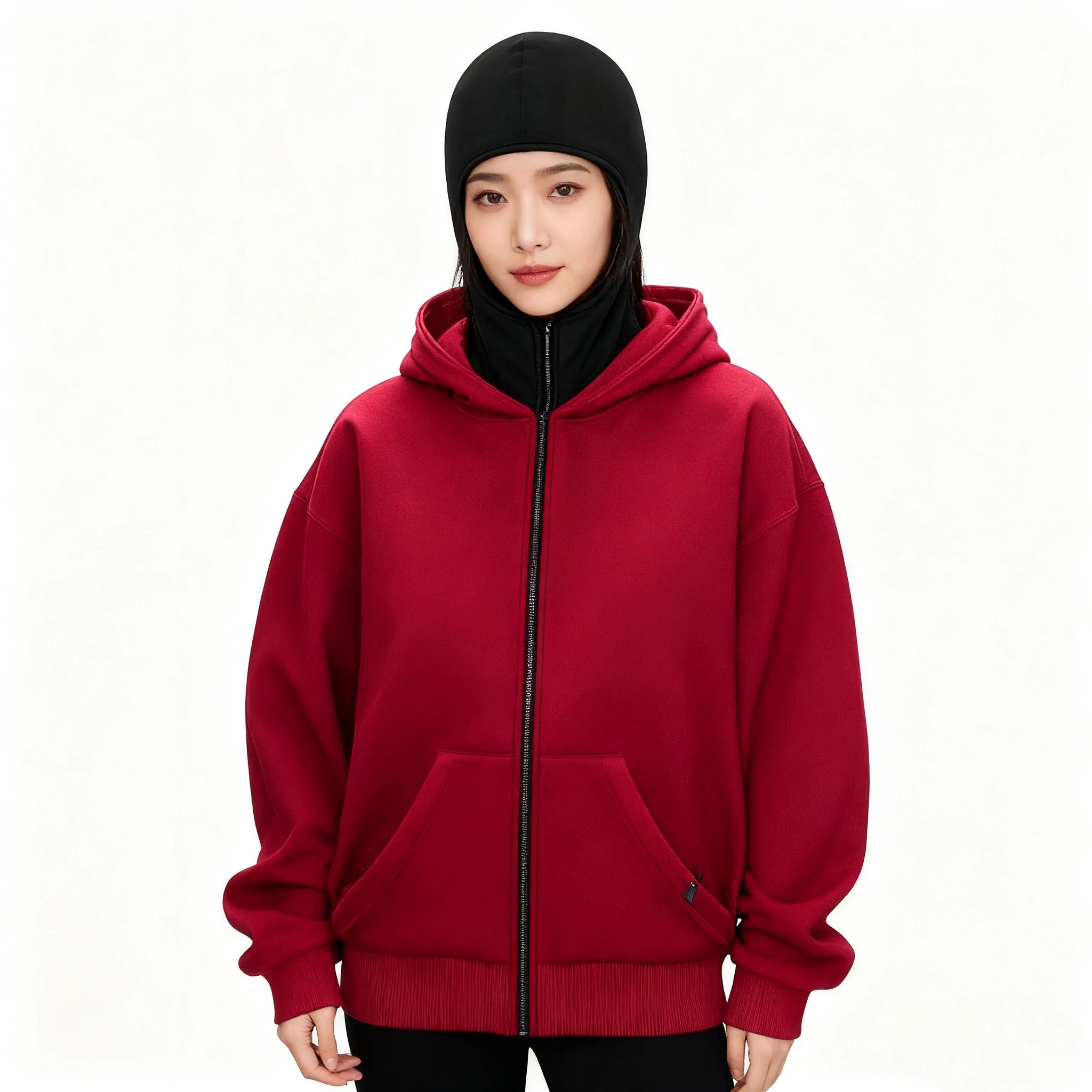 Dobbelhatt Balaklava Hettegensere Mote Hiphop Vinter Vindtett Genser Streetwear Trend Glidelås Ansiktsmaske Hettegenser Jakke Frakk