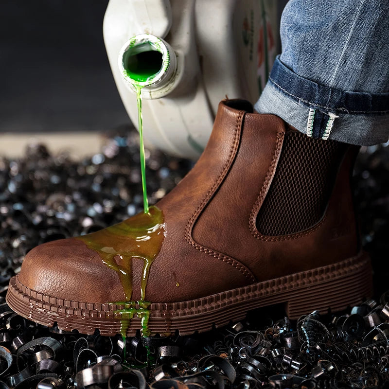 Zapatos de seguridad impermeables para hombre, botas de cuero con punta de acero, calzado masculino, botas de trabajo de construcción indestructibles, color marrón