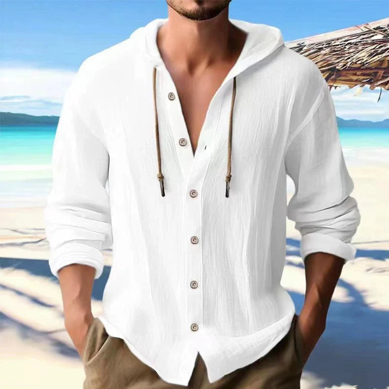 Chemise en lin pour homme, style streetwear, couleur unie, manches longues, sweat à capuche, cardigan, vêtements pour hommes, hauts boutonnés, décontractés, amples, à capuche
