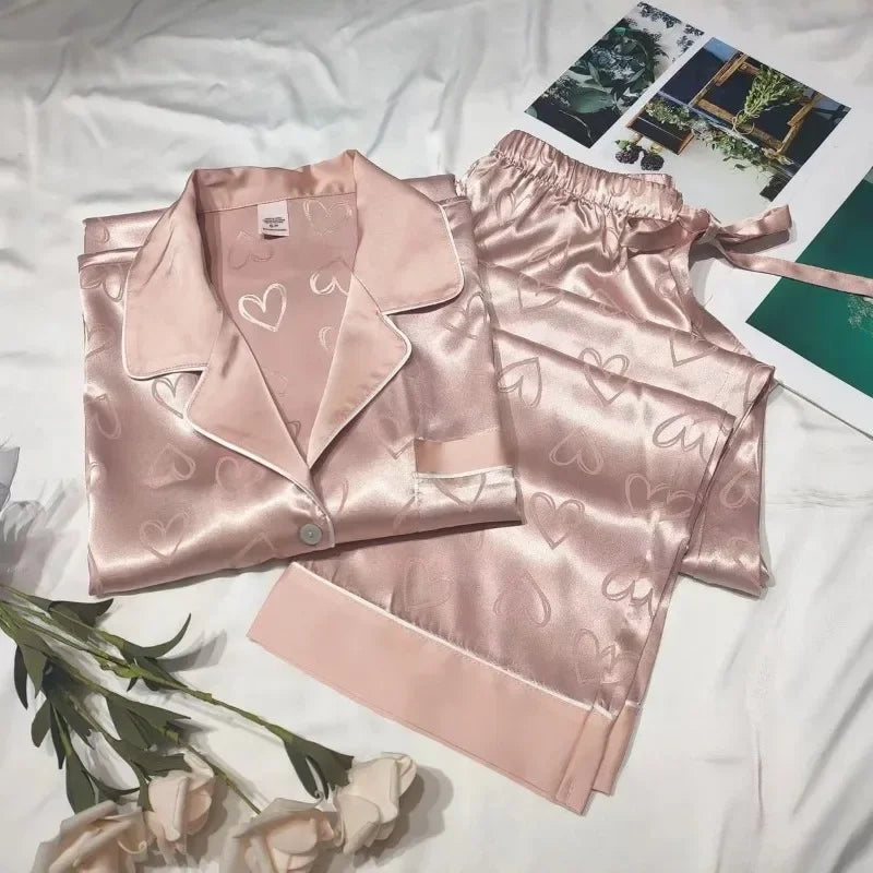 Conjuntos de pijama de verano de 2 piezas para mujer, de satén y seda fina, pijama a rayas, ropa de dormir, pantalones de manga larga, ropa de casa