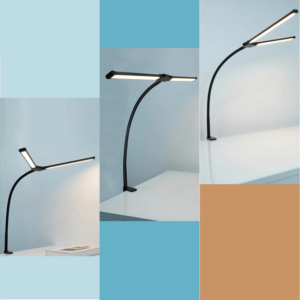Lámpara de escritorio LED de oficina para el hogar, doble cabezal, atenuación continua, luces de lectura que cuidan la vista, 3 modos de color, lámparas de mesa de PC ajustables y flexibles
