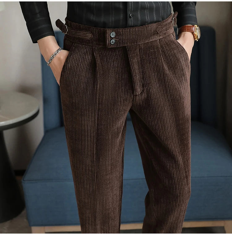 Nuevo pantalón informal de cintura alta de felpilla napolitana de lujo ligero para hombres, pantalón de vestir para hombres de ajuste delgado con sensación premium, pantalón