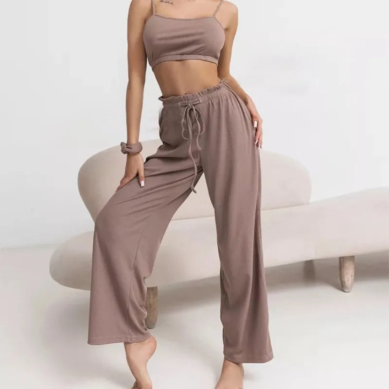 Conjuntos de pijama de otoño acogedores para mujer, 3 piezas, ropa de casa informal con top de tirantes, pantalón y cárdigan, talla grande, ropa de descanso suave para mujer