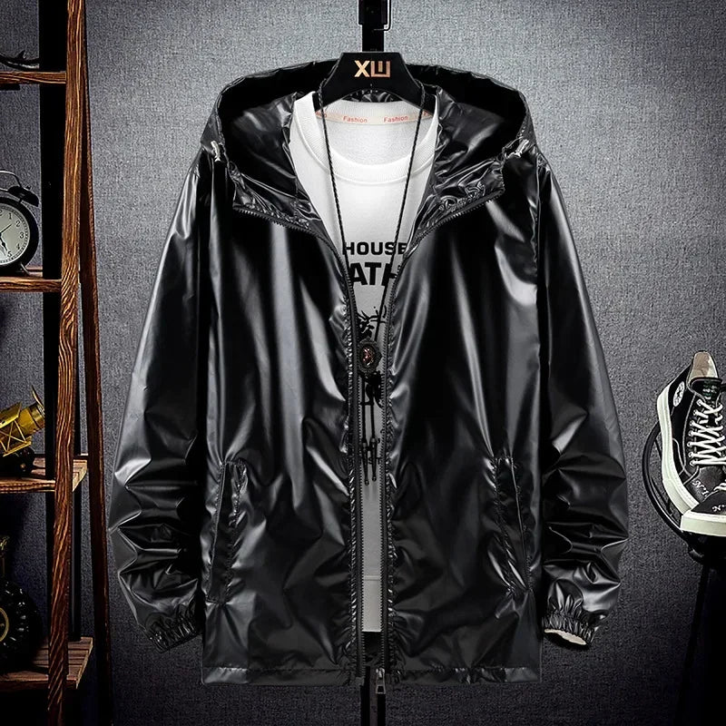 Chaquetas con capucha de superficie brillante para hombre, para senderismo, pesca, deportes al aire libre, cortavientos, estilo fino, abrigos de tendencia, ropa de hombre 7XL