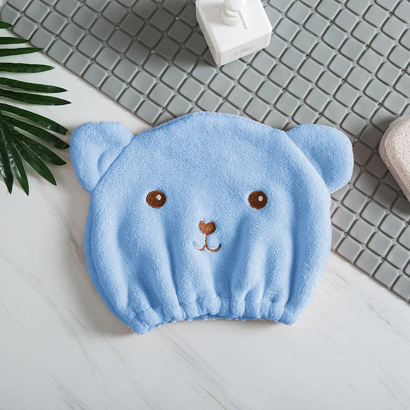 Gorro de pelo seco para mujer, de secado rápido, absorbente, de microfibra gruesa, toalla para la cabeza, gorro de ducha coreano bonito con oso bordado