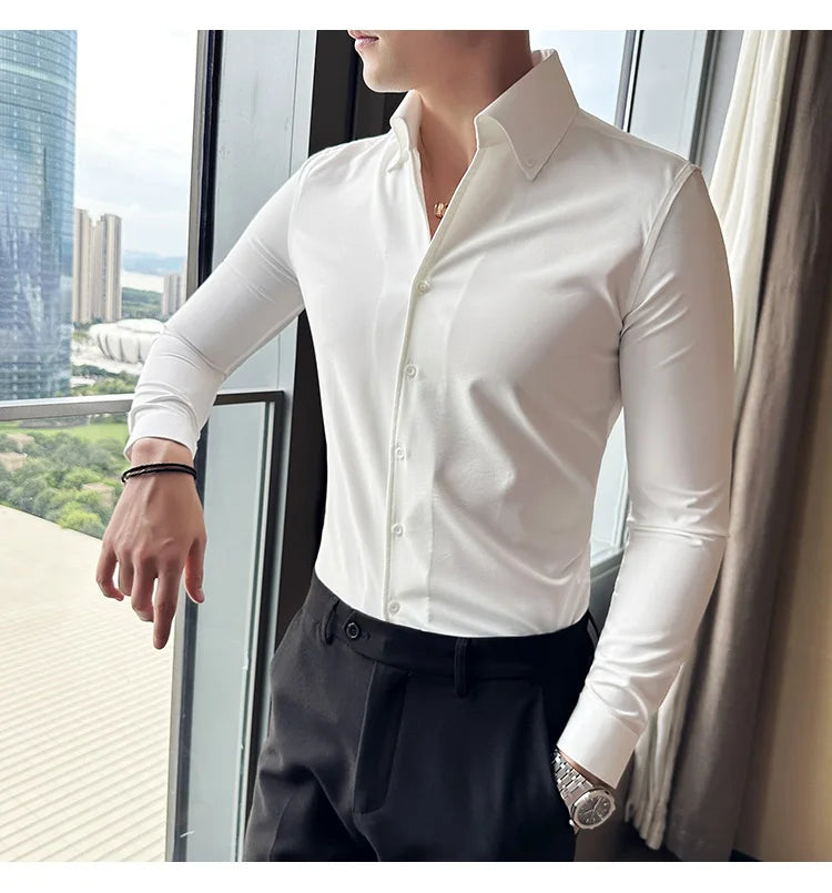 Camisa de vestir de hombre Otoño Estilo británico Liso Casual Ajustado Formal Camisas Cuello en V Manga Larga Camisa Ropa de hombre Streetwear
