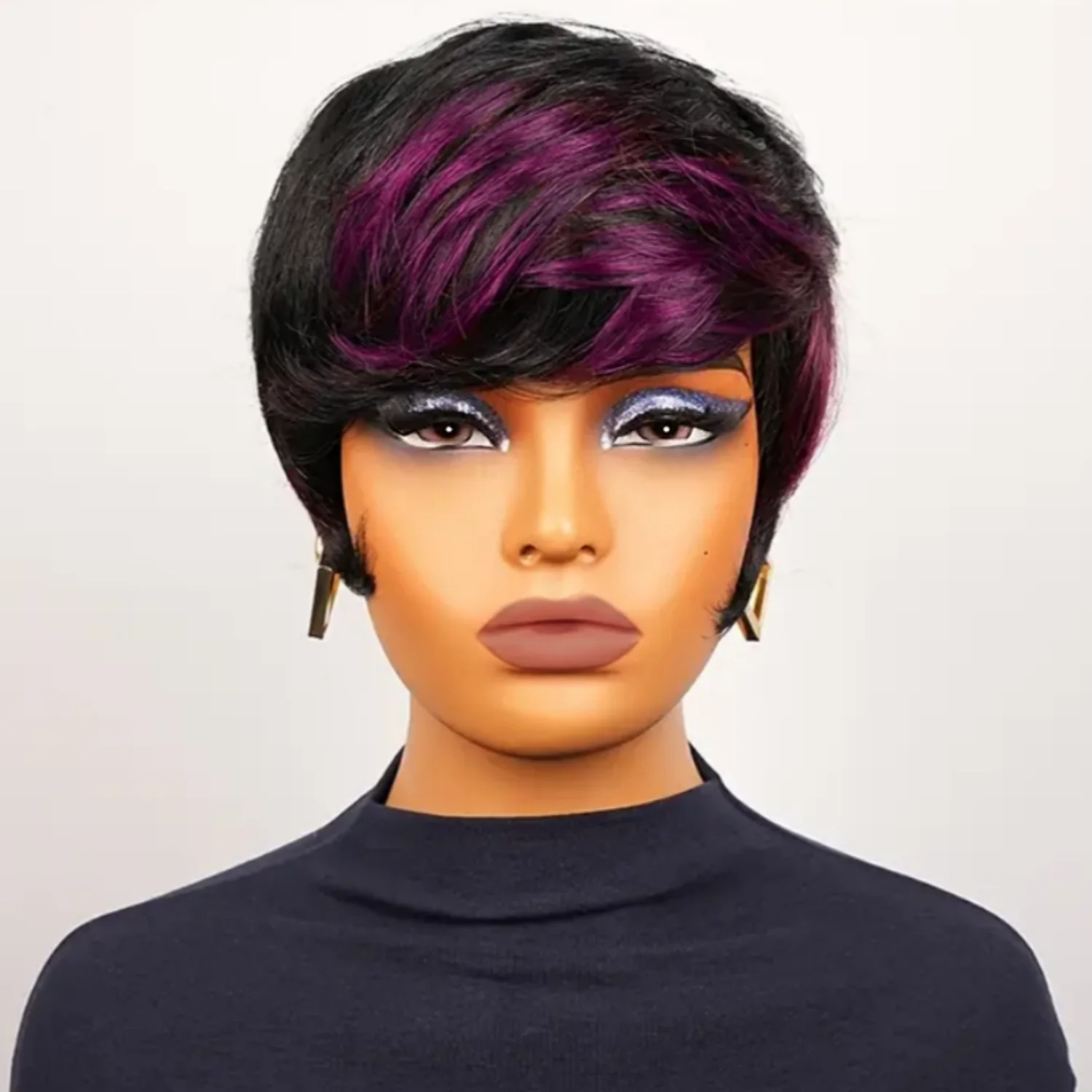 Short Straight Human Hair Full Machine Made Wigs for Women Black Mixed Purple Pixie Wigs