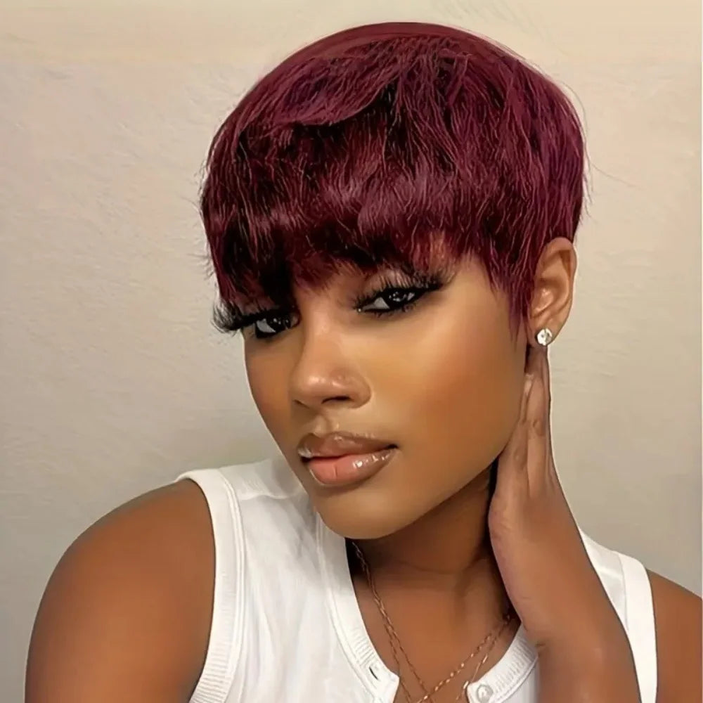 6-Inch Pixie Cut Wig with Bangs in Vibrant Red 99J Burgundy Brazilian Remy Human Hair wig