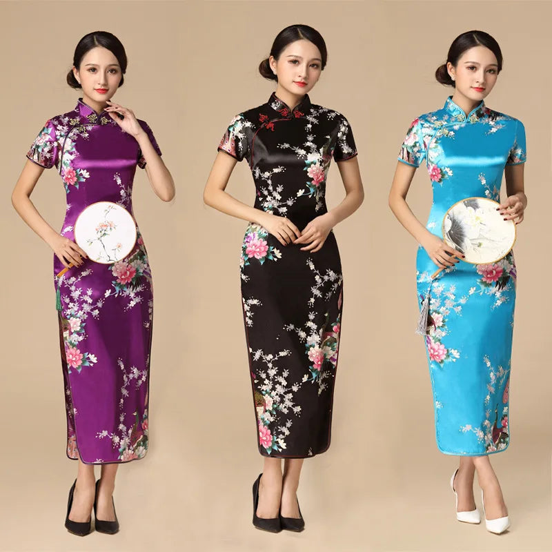 Print Satin Qipao Lady Elegant Dresses Sexy Cheongsam Chinese Tradition Style Dress Summer New Long Qipaos Plus Size 4Xl5Xl6Xl