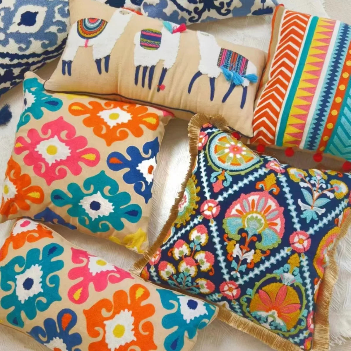 Marokkansk putetrekk Stue Sofadekor Håndlaget putetrekk Indisk eksotisk etnisk stil Boho broderi putetrekk