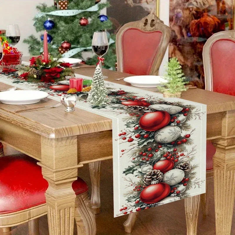 Camino de mesa de lino con piñas, bolas de Navidad y bayas rojas para decoración de mesa, caminos de mesa botánicos de Navidad de invierno, decoraciones navideñas