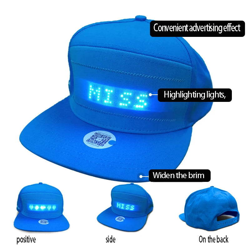 Gorra de béisbol unisex recargable por USB con Bluetooth, aplicación programable, pantalla LED de mensaje desplazable, gorra Snapback de hip hop