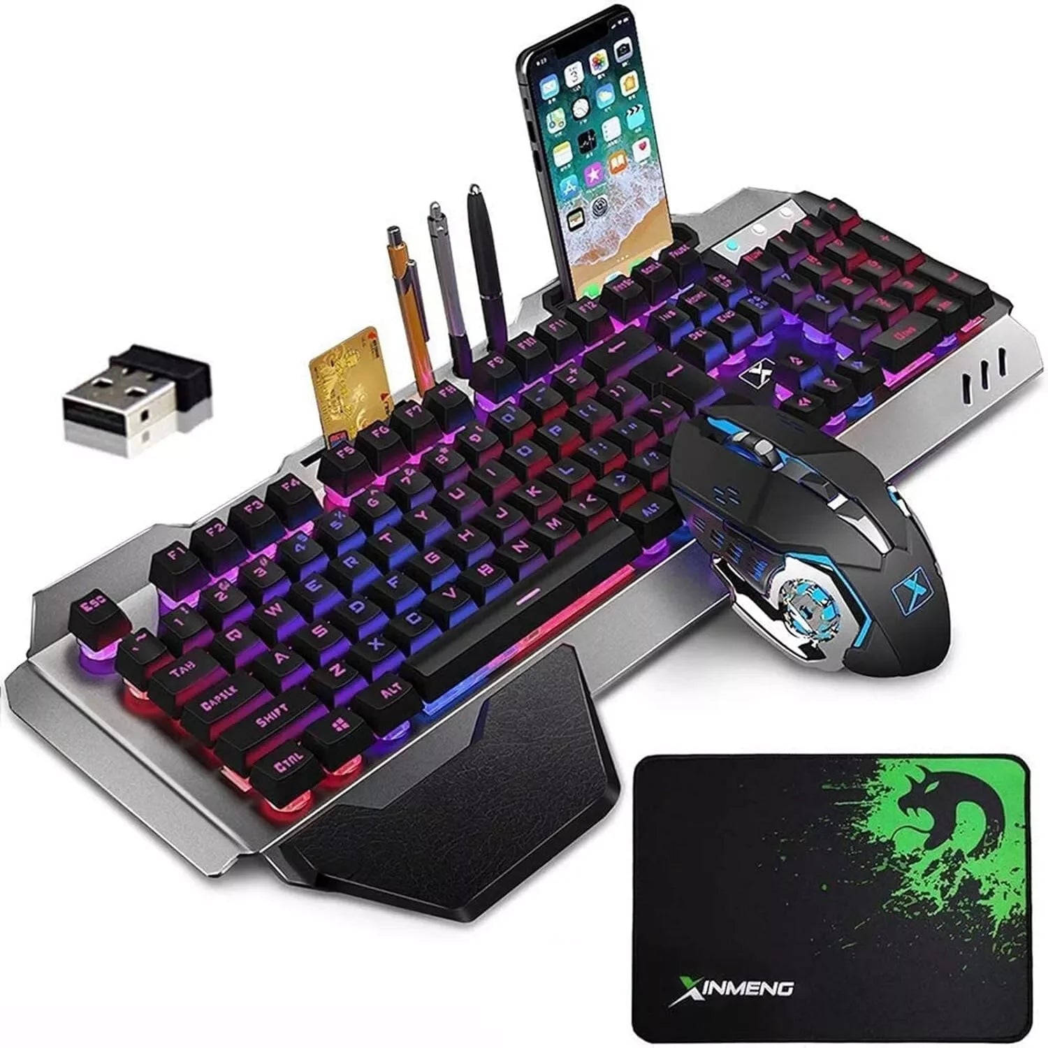 Teclado y ratón inalámbricos para juegos con retroiluminación arcoíris/RGB, teclado recargable y ratón para juegos de 7 colores silencioso con alfombrilla