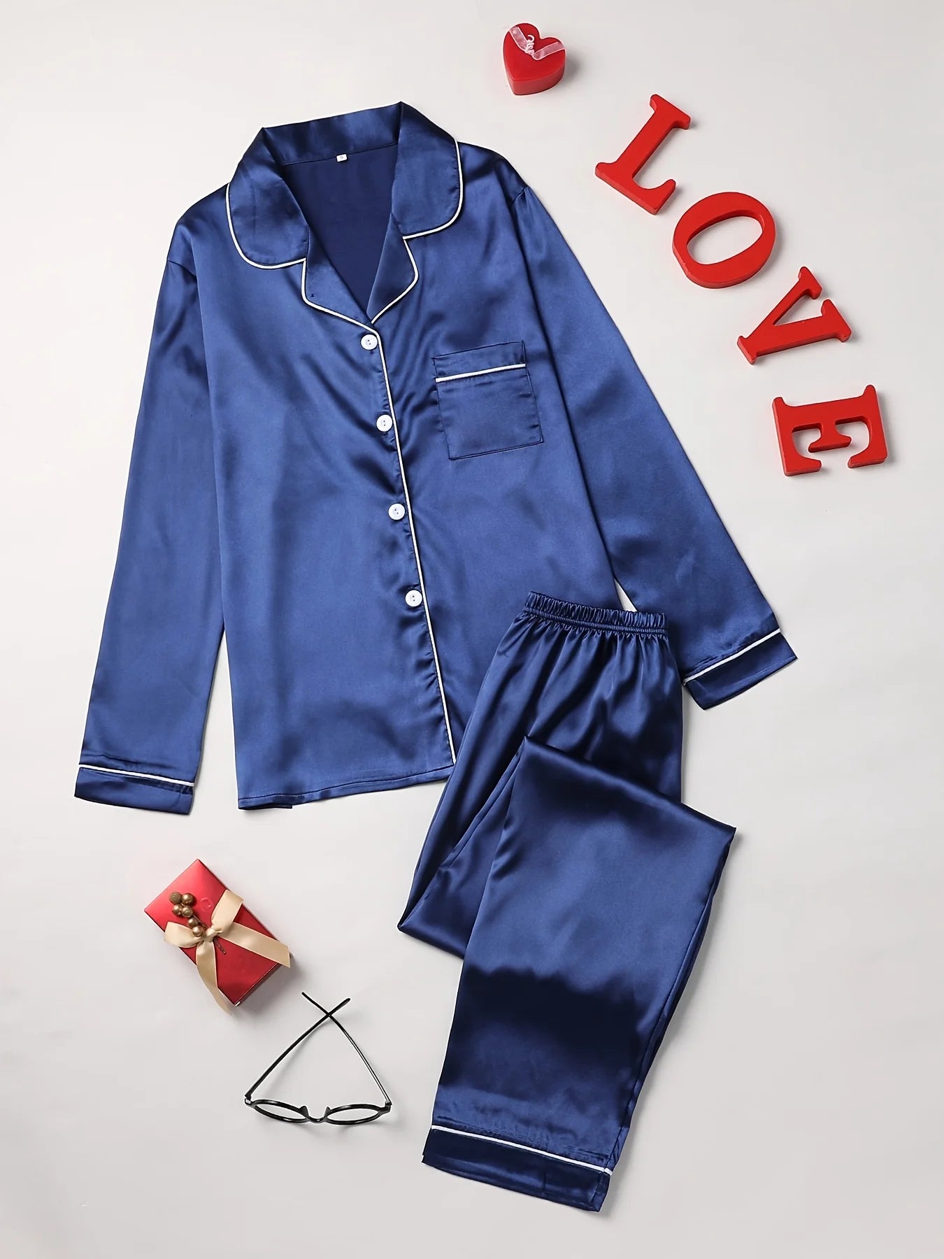 Conjunto de pijama liso de manga larga con botones y cuello tipo solapa, top y pantalones, conjunto de ropa de dormir y de estar para mujer
