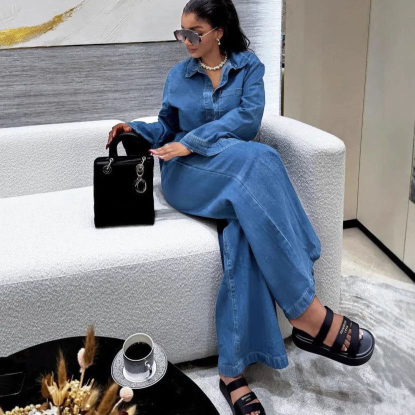 Denim Pant Set Women Two Piece Sets Turn Down Collar Mom Jeans Shirt Tops Wide Leg Long Pants Straight Trousers Y2k Streetwear