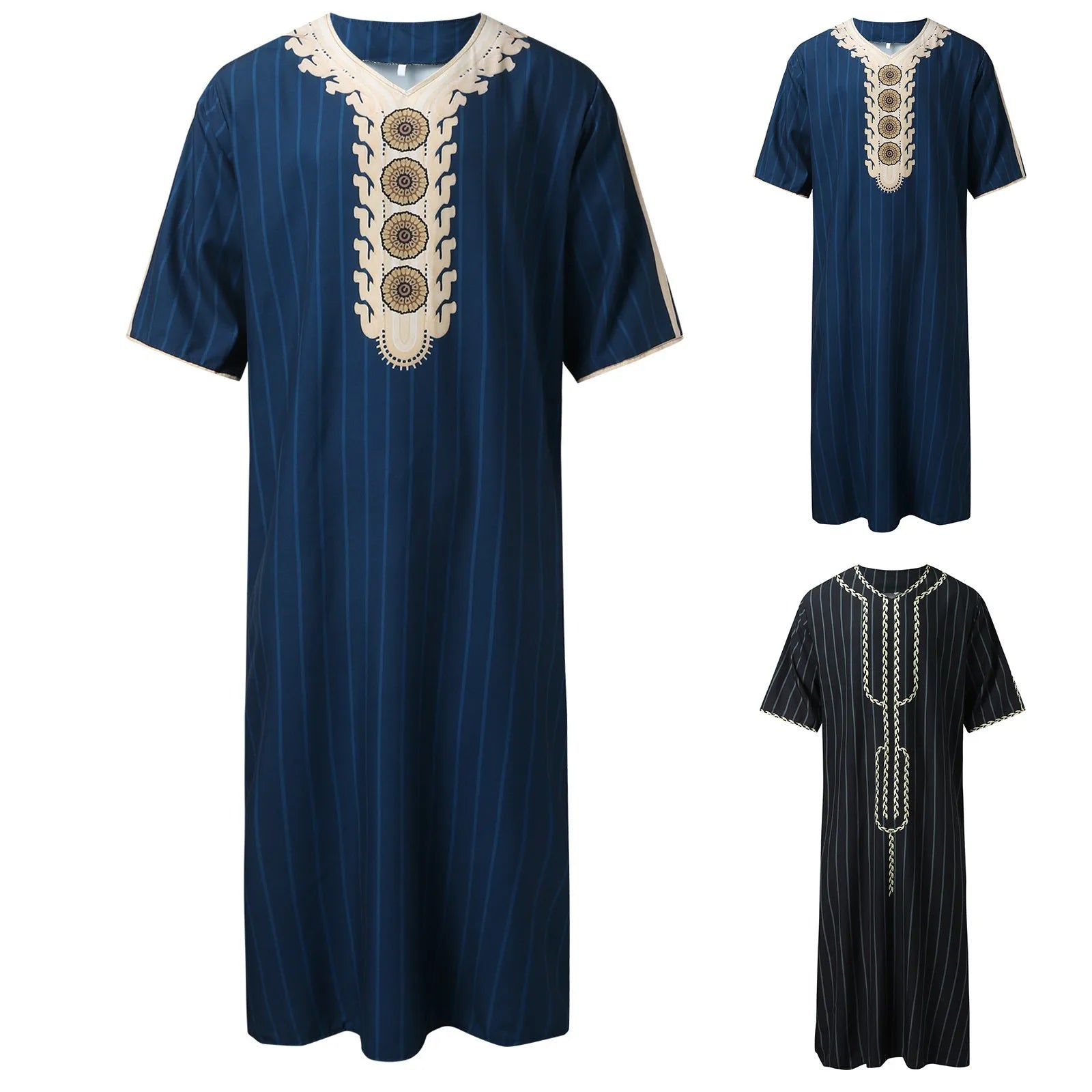 Ropa Musulmana Hombre Bordado a Mano Holgado Transpirable Moda Verano Túnica Suelta Lujo Dubái Escote en V Manga Corta Estampado