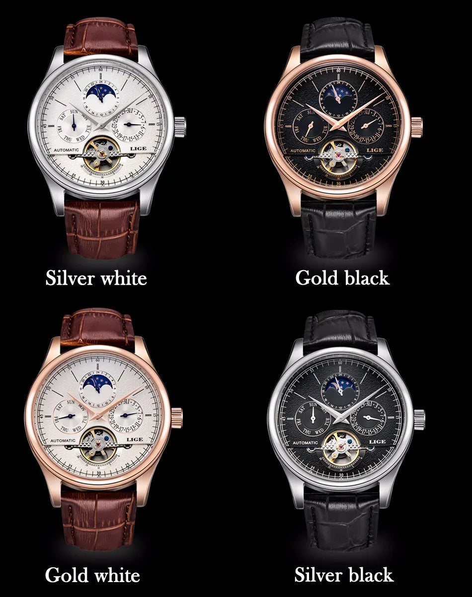 LIGE Relojes para hombre Reloj mecánico automático Reloj Tourbillon Piel auténtica Reloj impermeable Reloj de pulsera militar para hombre