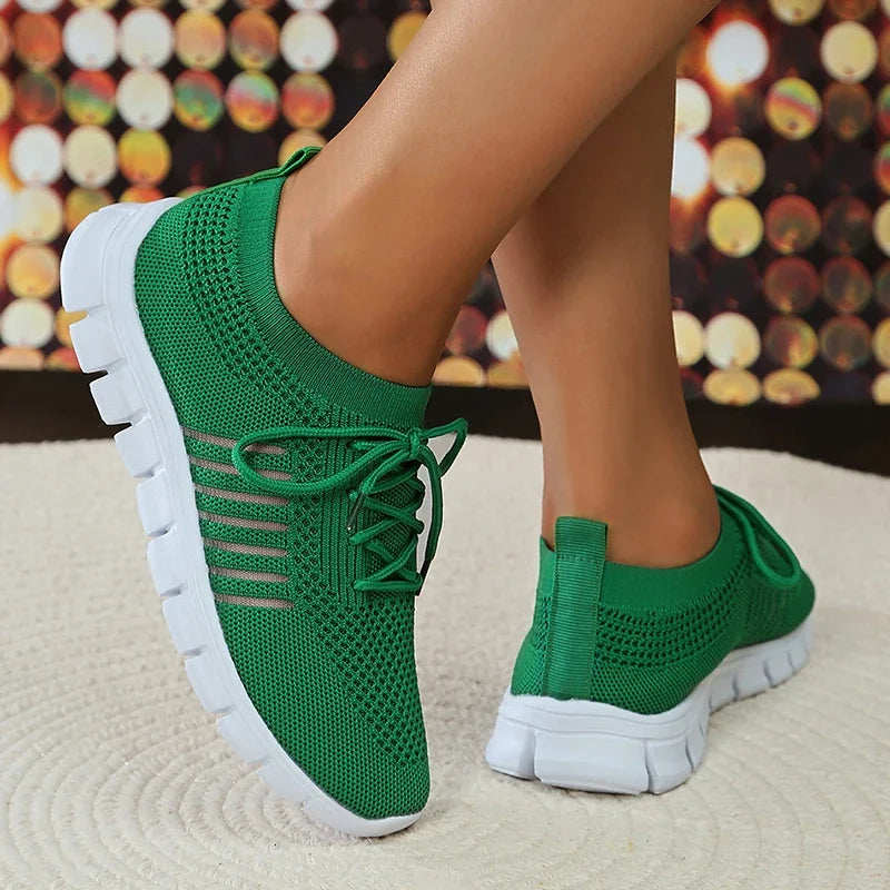 Green Soft Sole Knit Walking Shoes for Women Comfortable Breathable Mesh Sneakers Woman Plus Size Lightweight Casual Flats