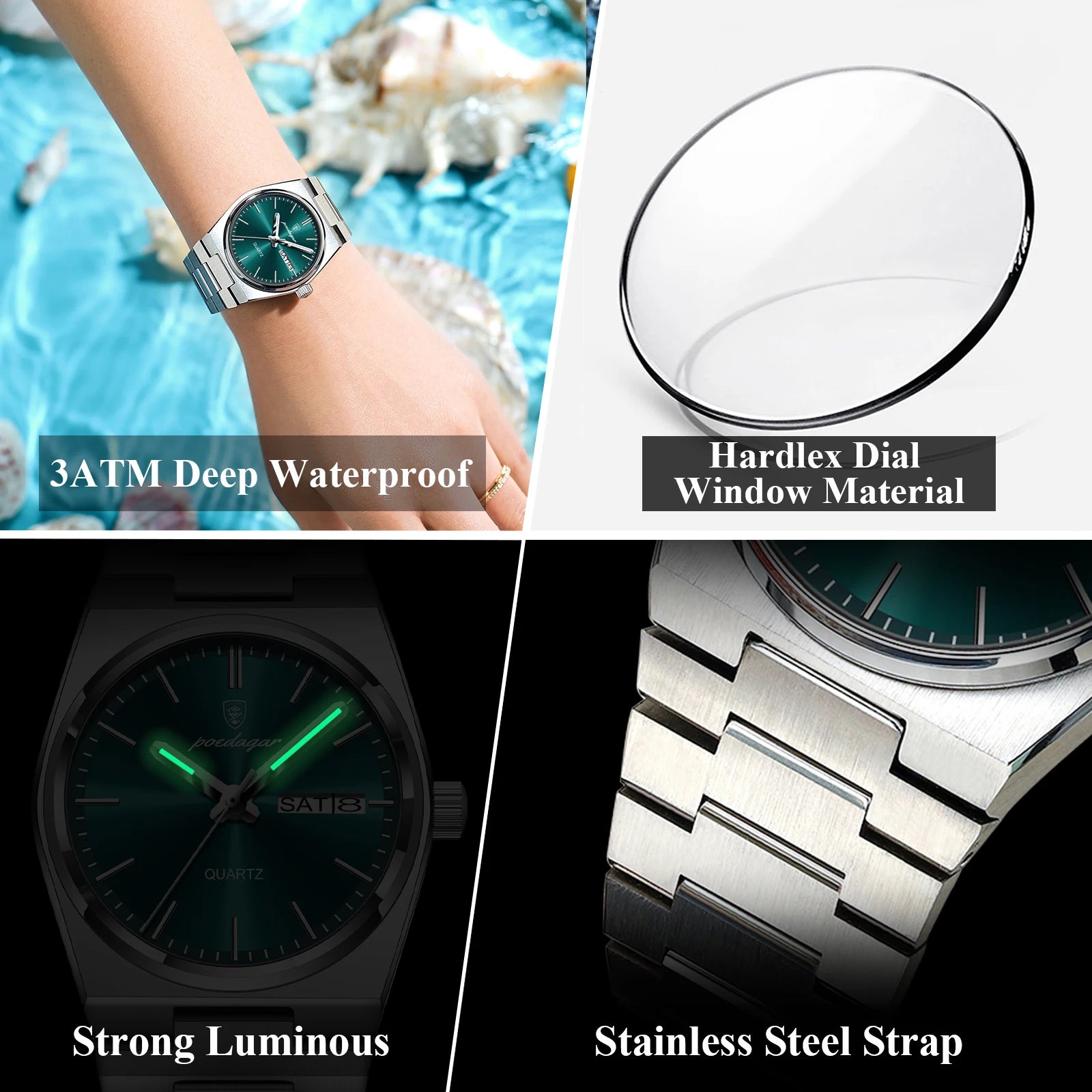 POEDAGAR Relojes Elegantes para Mujer Impermeable Luminoso Fecha Semana Reloj de Cuarzo de Acero Inoxidable para Mujer Reloj de Pulsera de Moda