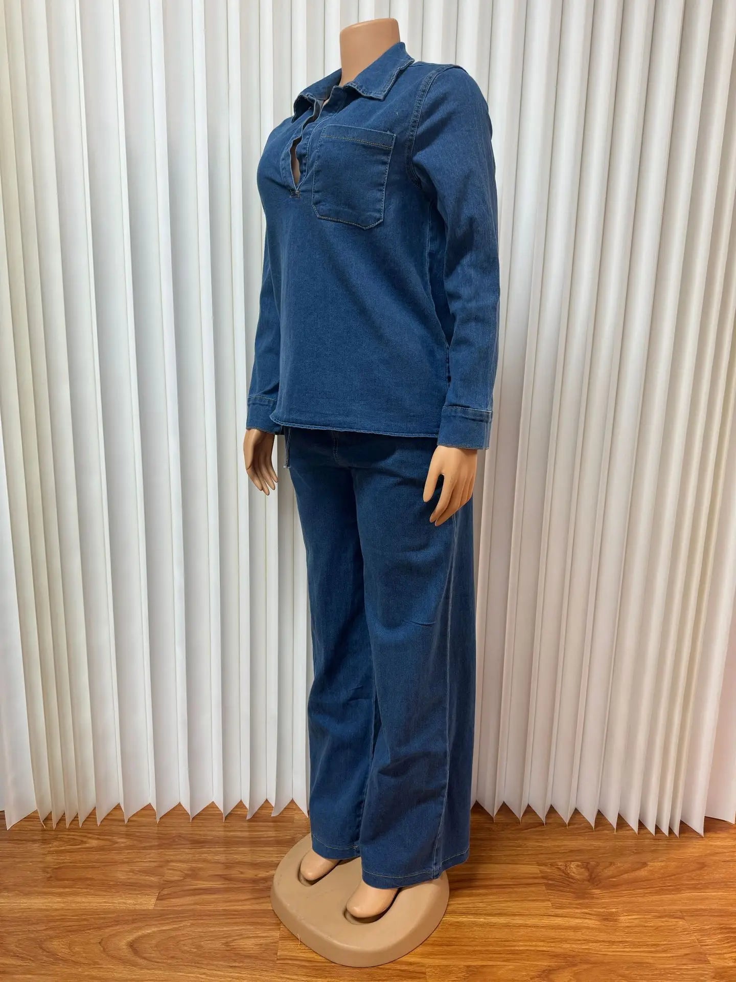 Conjunto de pantalón de mezclilla para mujer, dos piezas, cuello vuelto, camisa de jeans para mamá, tops, pantalones largos de pierna ancha, pantalones rectos, ropa de calle Y2k
