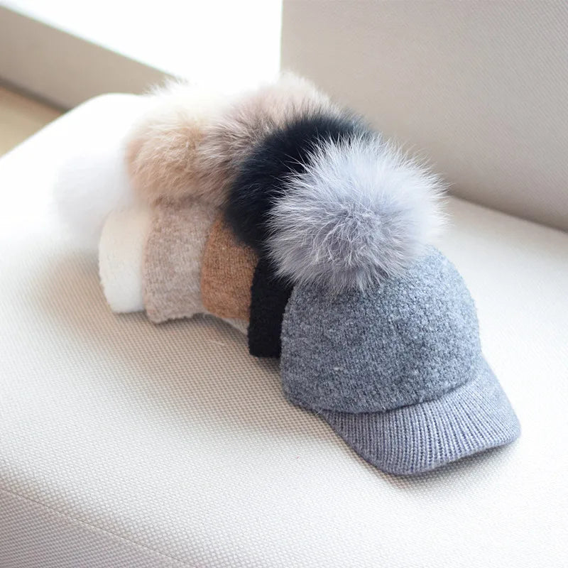 Casquette de baseball unisexe tendance pour femme, chapeau d'hiver en polaire d'agneau, pompon en fourrure de luxe, style hip-hop, chaud, pour l'extérieur