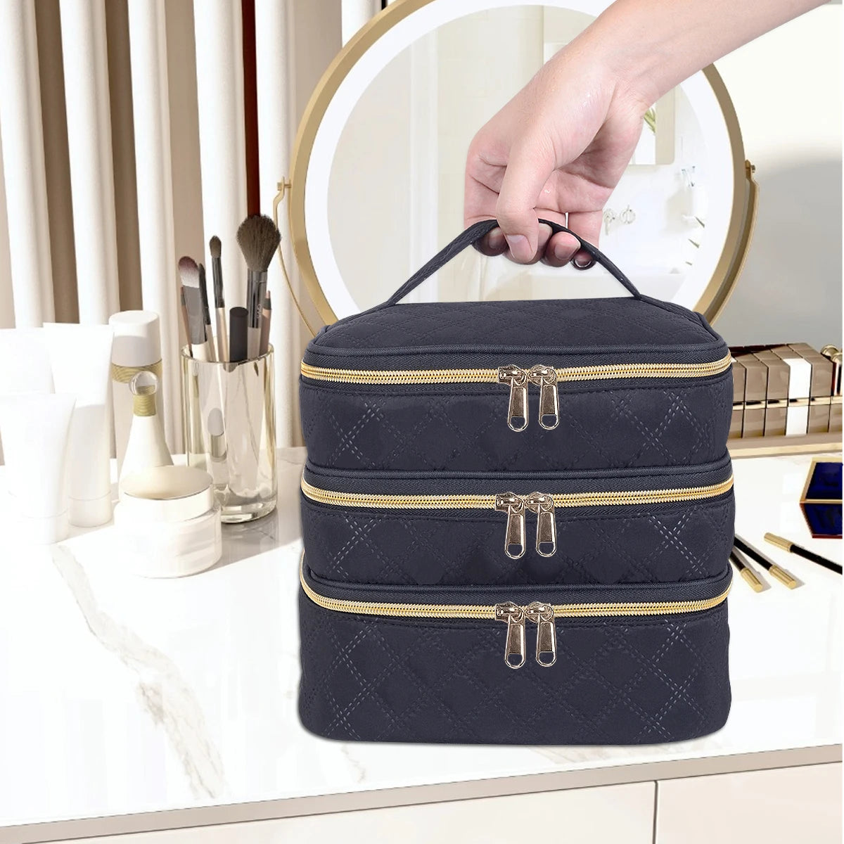 Organizador de maquillaje acolchado de 3 capas