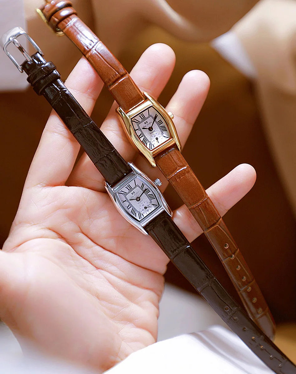 Relojes para mujer, elegante, vintage, rectangular, para dama con correa pequeña de cuero marrón, a la moda, dorado, de cuarzo, reloj de pulsera para mujer 2025