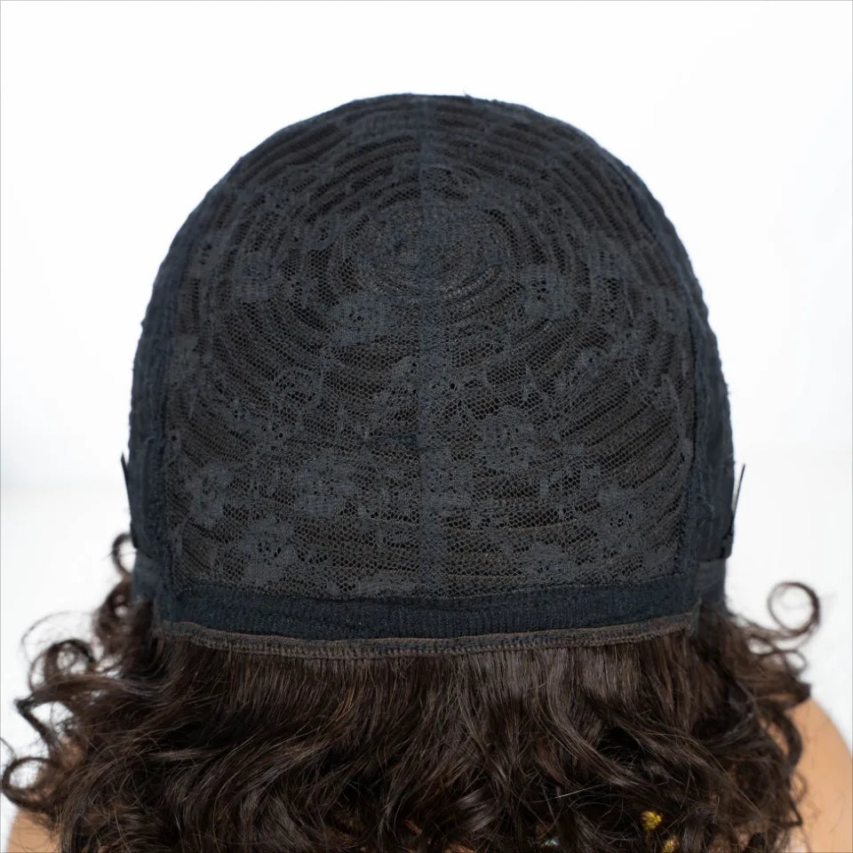 Peluca corta rizada kinky, pelucas de cabello humano, peluca afro rizada con corte pixie y flequillo, peluca brasileña marrón hecha a máquina, color degradado Rebecca