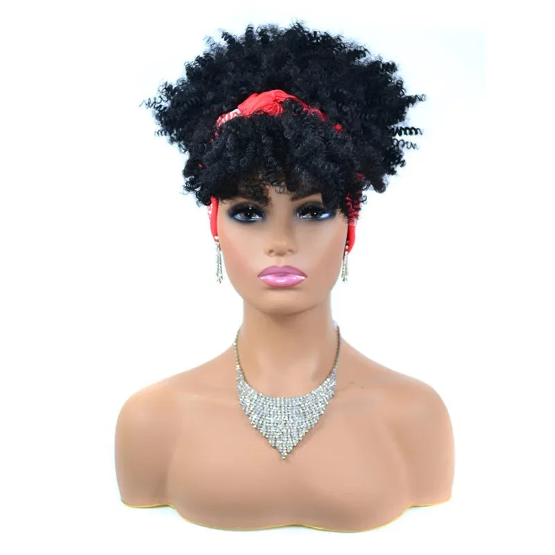 Fluffy Headband Wigs for Black Women Short Afro Kinky Curly Headwrap Wig High Temperature Natural Synthetic Headband Scarf Wig