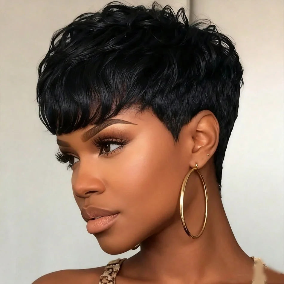Peluca Corta Pixie Lacia de Cabello Humano con Flequillo Cabello Peruano Hecha a Máquina Completa Corte Pixie en Capas para Uso Diario