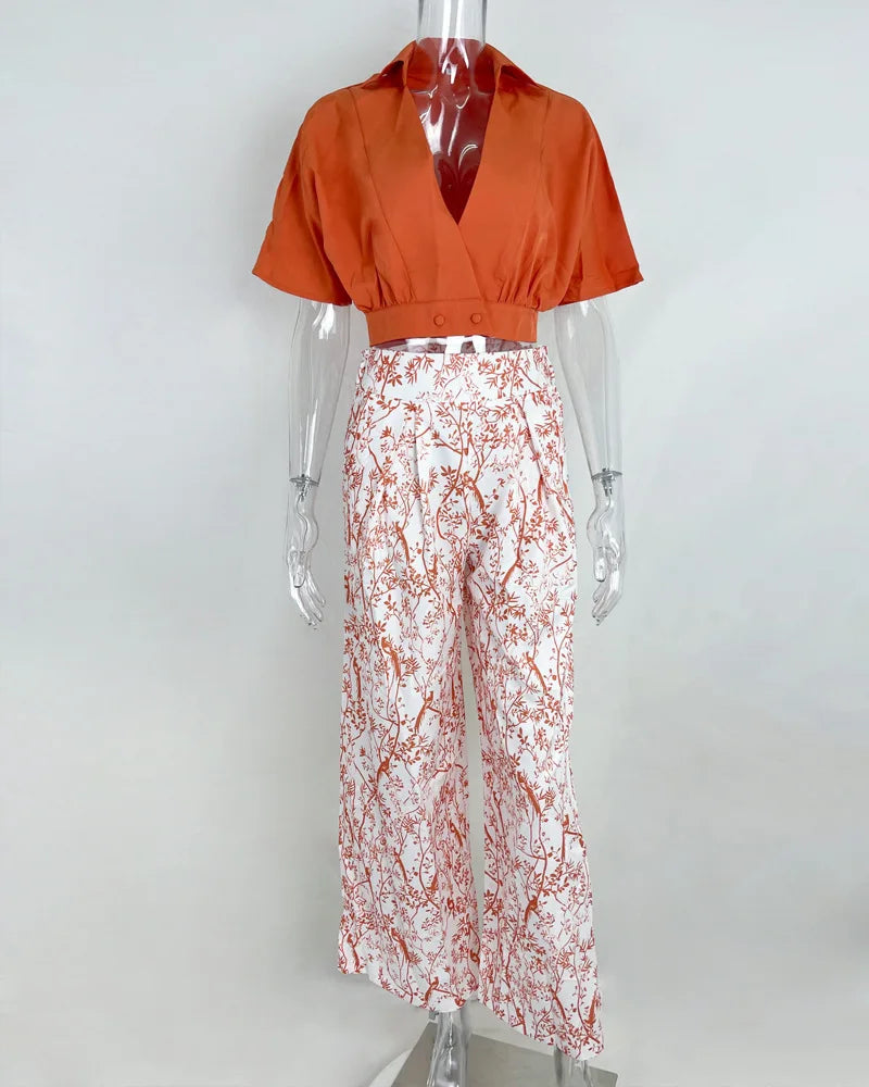 Women Bell Bottom Pants Sets Solid Color Half Sleeve V-neck Shirt Printed Top Wide Leg Pants Summer Fashion 2 Piece Set Clothing