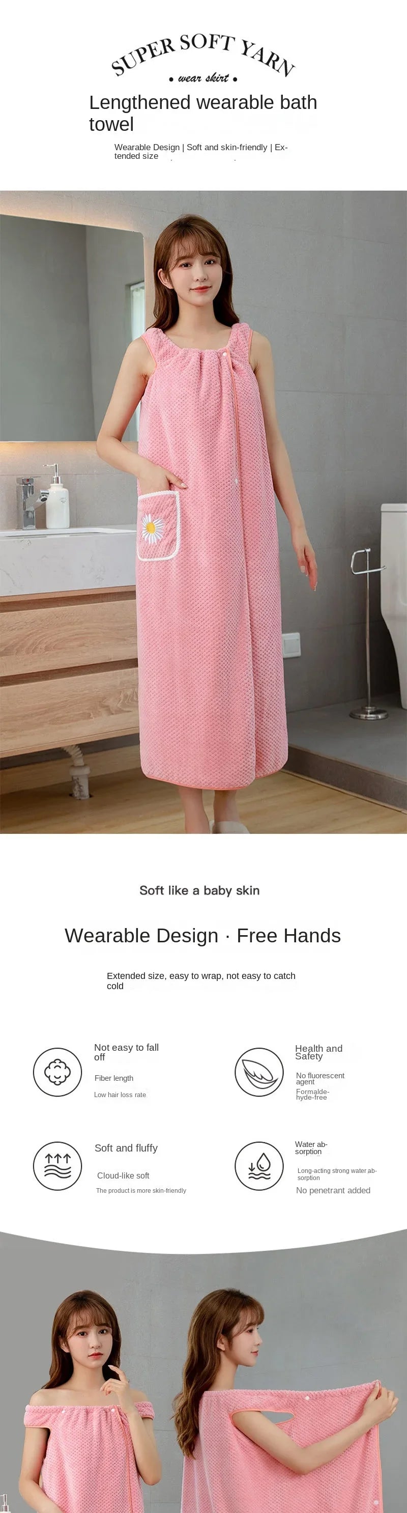 Toalla de baño para el hogar, para mujer, usable, para adultos, absorbe el agua, de poliéster, para secar el cabello, estilo falda larga, albornoz lavable para el baño