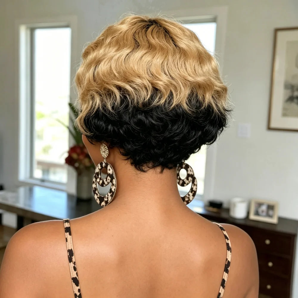 Human Hair Short Ombre Pixie Wig, Two Tone Black to Honey Blonde Finger Wave Wig, full machine made Wig for Women, Natural Looki