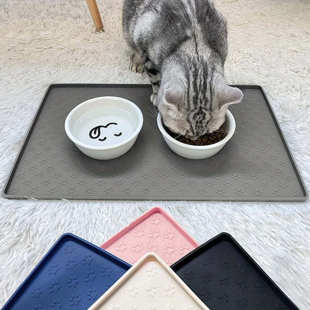 Pet Placemat Non Slip, Paw Print Design Keeps Floors Spotless Pets Content, Easy Clean Silicone mat