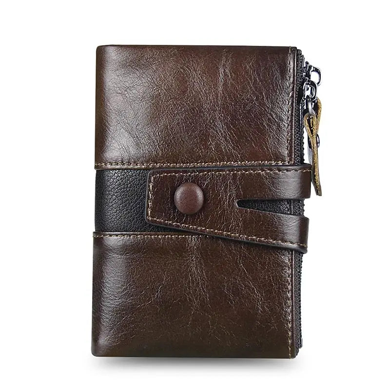 Cartera de piel auténtica para hombre, diseño de lujo, cartera corta plegable, monedero vintage con broche para monedas, bolsillo multifuncional para tarjetas